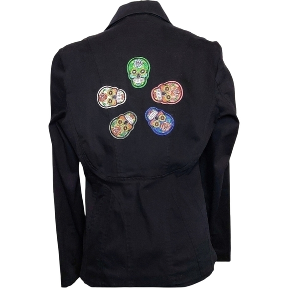 Unique Handcrafted Black Denim Jacket with Sugar Skulls Size Medium - Picture 4 of 9